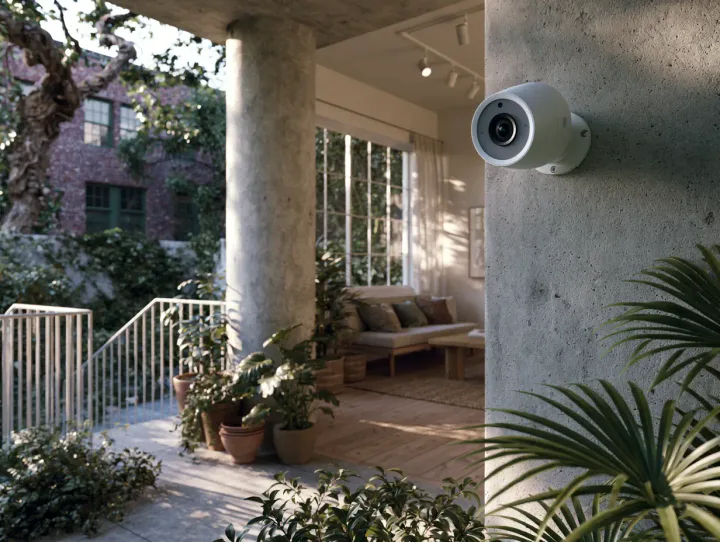 Small security camera bracket mounted securely on a concrete wall in a New York property