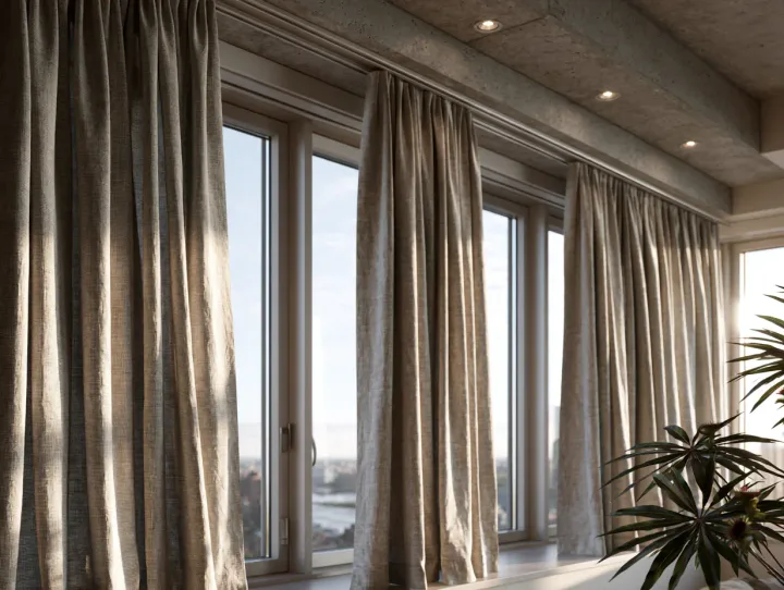 Ceiling curtain track installed in concrete above a large window in Manhattan