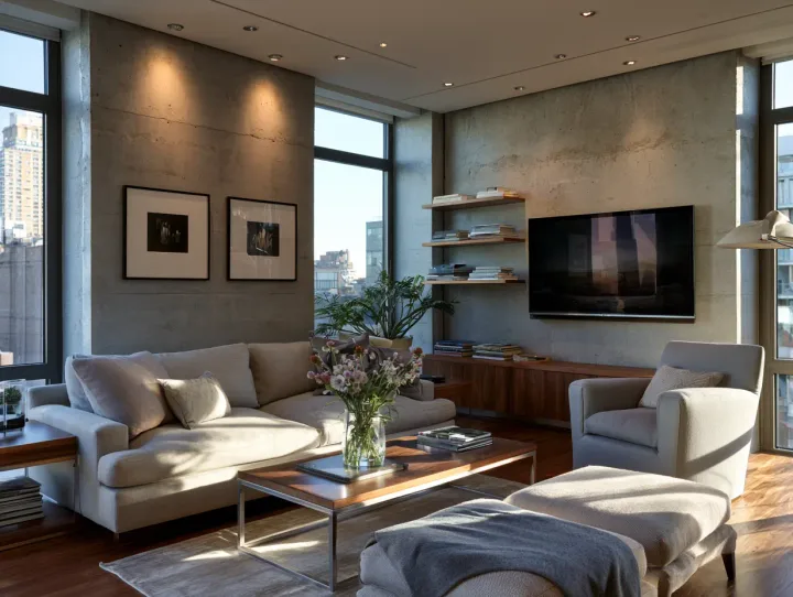 Concrete wall mounting project with a TV, framed art and floating shelf in NYC