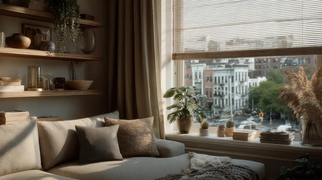 Apartment window with a shade and a linen curtain panel beside built-in shelves, overlooking a Manhattan street