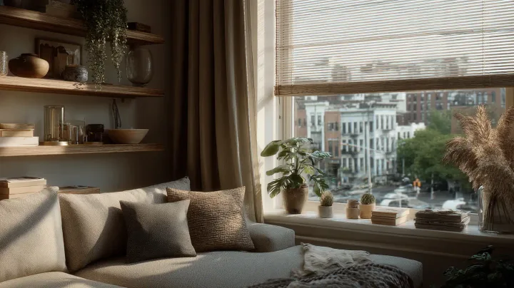 Curtain rod, floating shelf and blinds installed in Brooklyn, New York