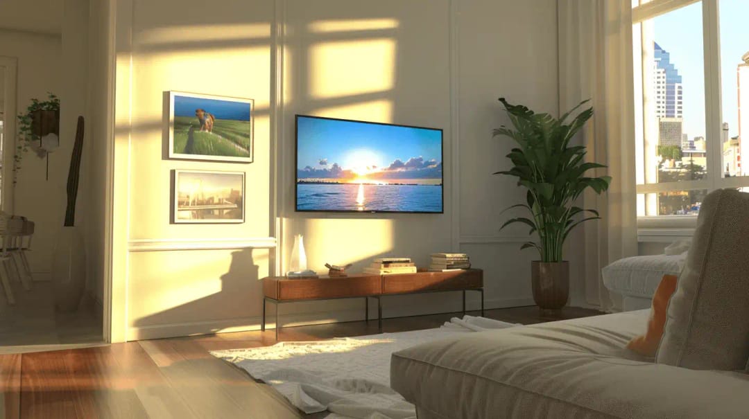 Wall-mounted TV with a clean wall below it and no visible cables