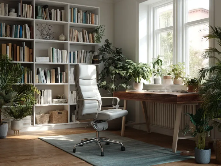 Home office setup with assembled desk, bookcase, and office chair