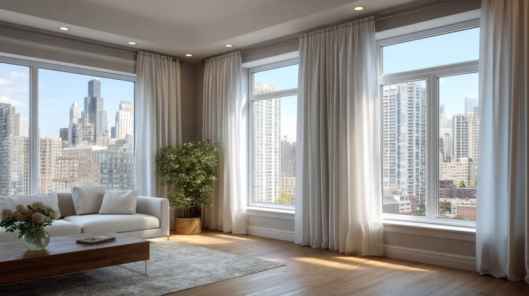 Floor-to-ceiling sheer curtains on a row of tall windows in a Manhattan high-rise living room
