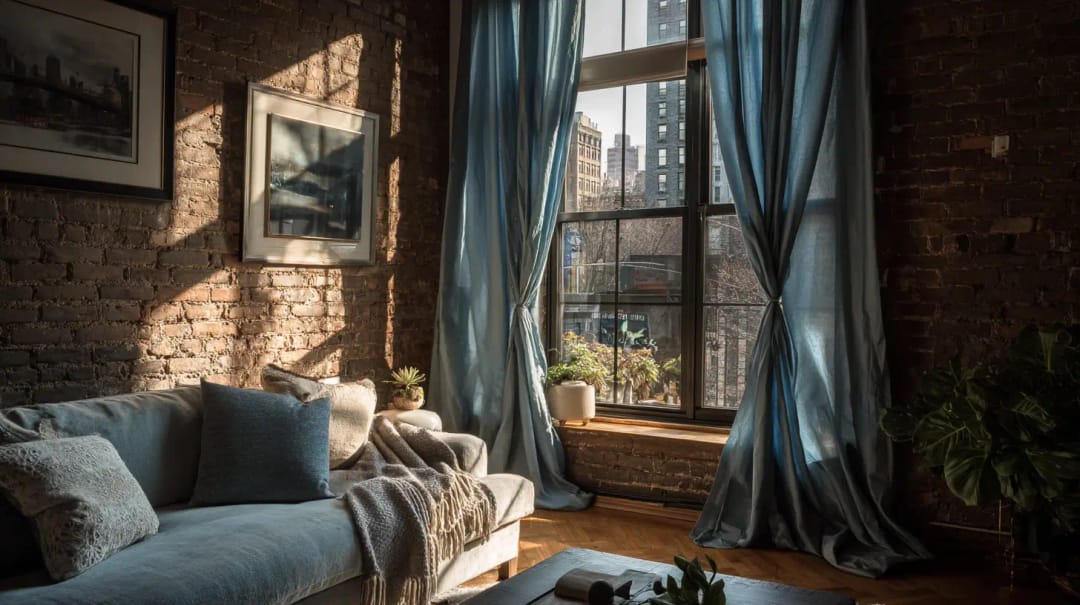 Blue curtains framing a tall window in an exposed-brick prewar apartment