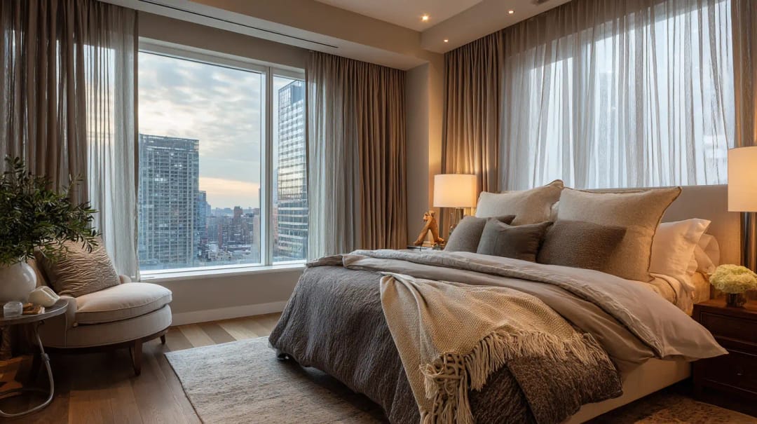 Bedroom with full-length curtains hung high and wide on both sides of a tall window overlooking the city