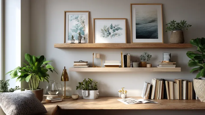 Floating shelves with art Queens NYC