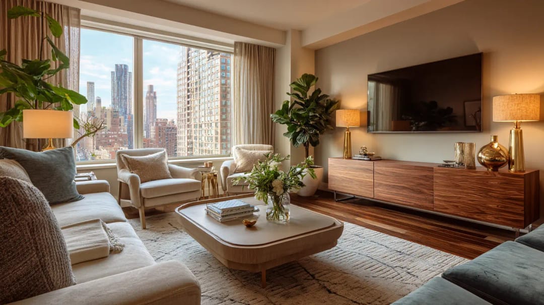 Bright New York apartment living room with a wall-mounted TV, curtains and a large window