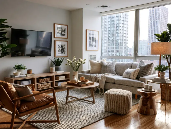 Full-service apartment move completed in Manhattan — living room with mounted TV and organized shelves