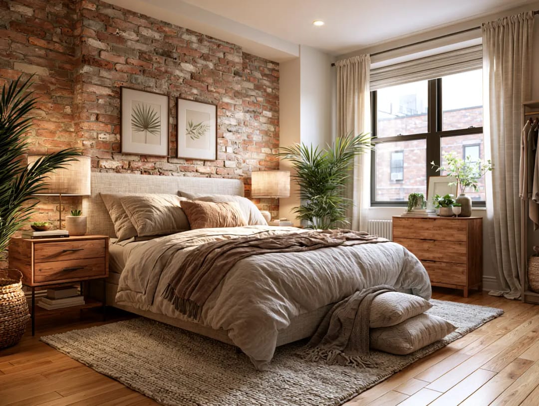 Bedroom set up for move-in day: bed made with linen bedding, framed prints on a brick wall and curtains hung