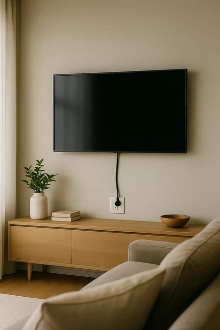 TV on the wall with its power cord running down to an outlet below