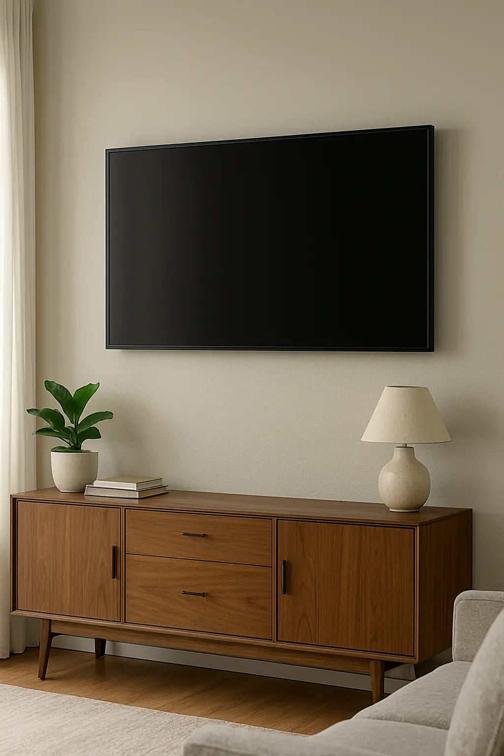 TV on the wall with no visible cables — they run inside the wall