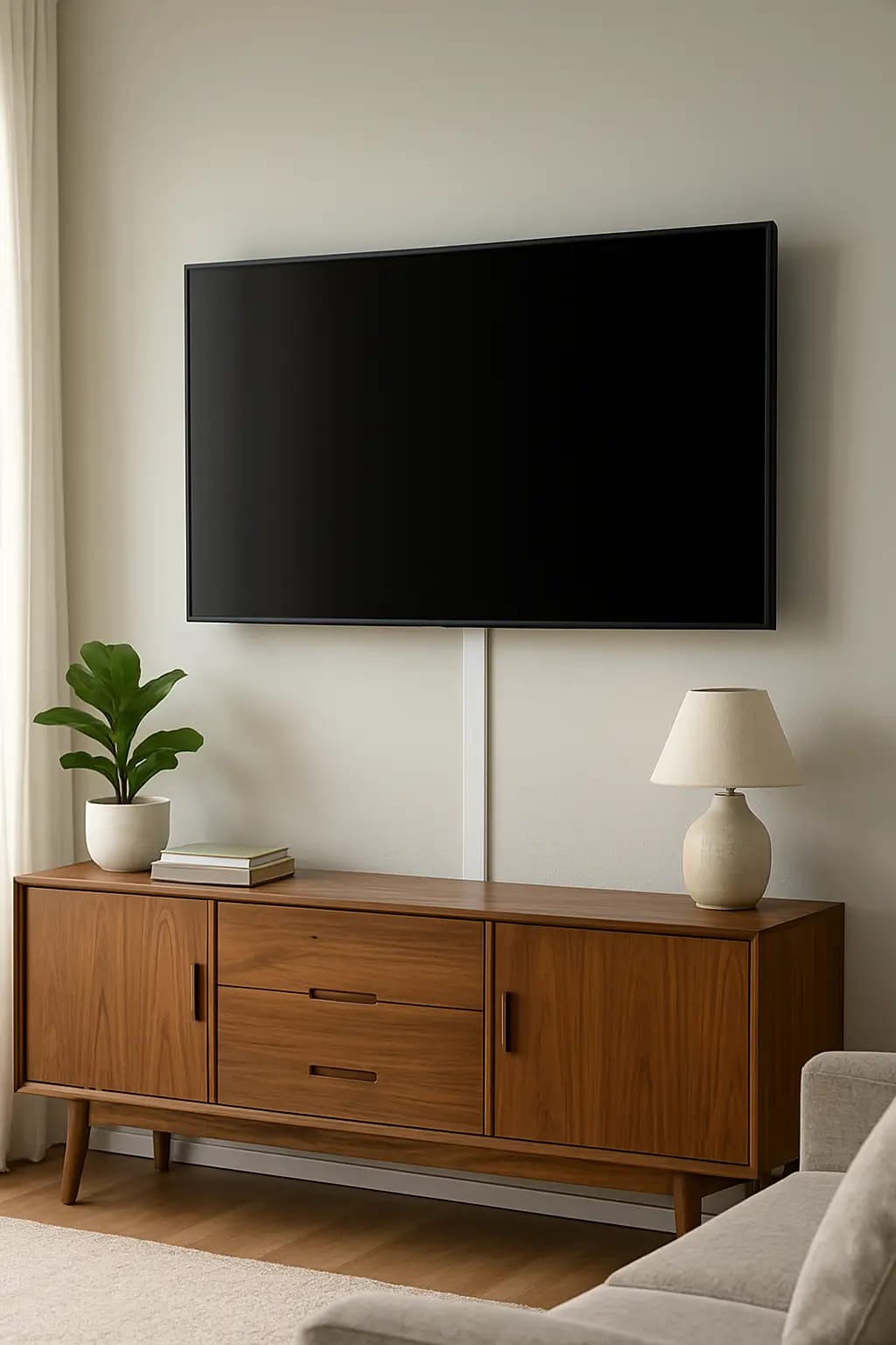 TV on the wall with the cables hidden in a white cord cover running down to the console