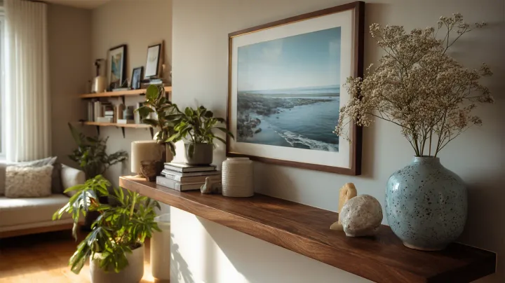 Floating shelf and wall art installed in Brooklyn, New York