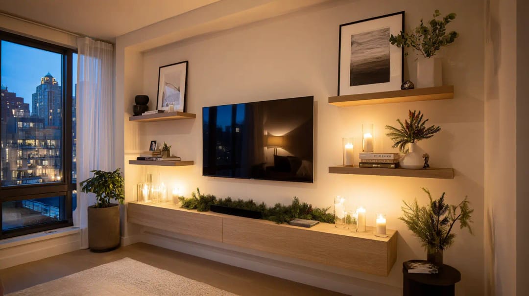 Flat-screen TV on a low-profile wall mount above a media console in an apartment living room