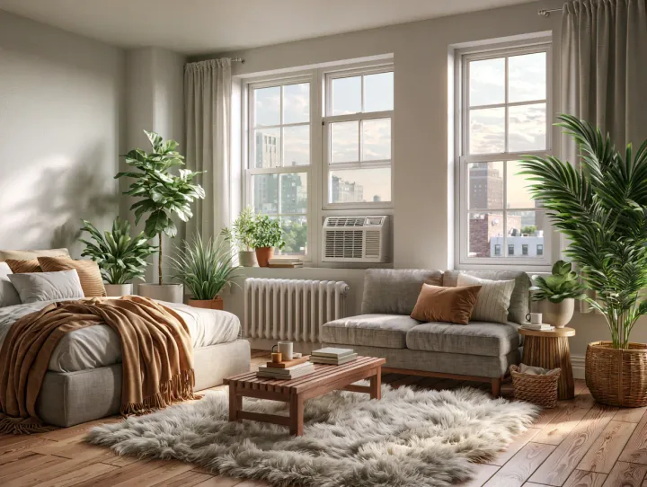 Clean finished room with a secure window AC installation