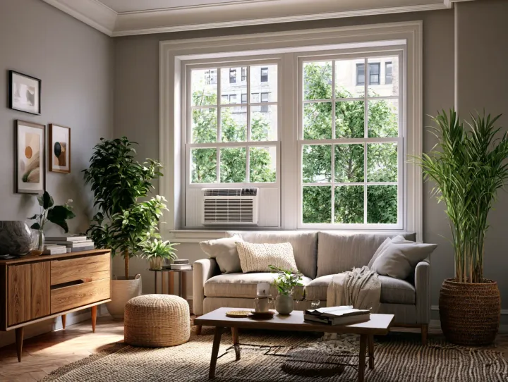 Window air conditioner installed neatly in a bright Manhattan apartment window