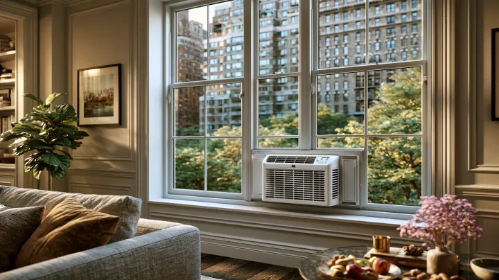 Professionally installed window air conditioner in a clean New York City apartment window